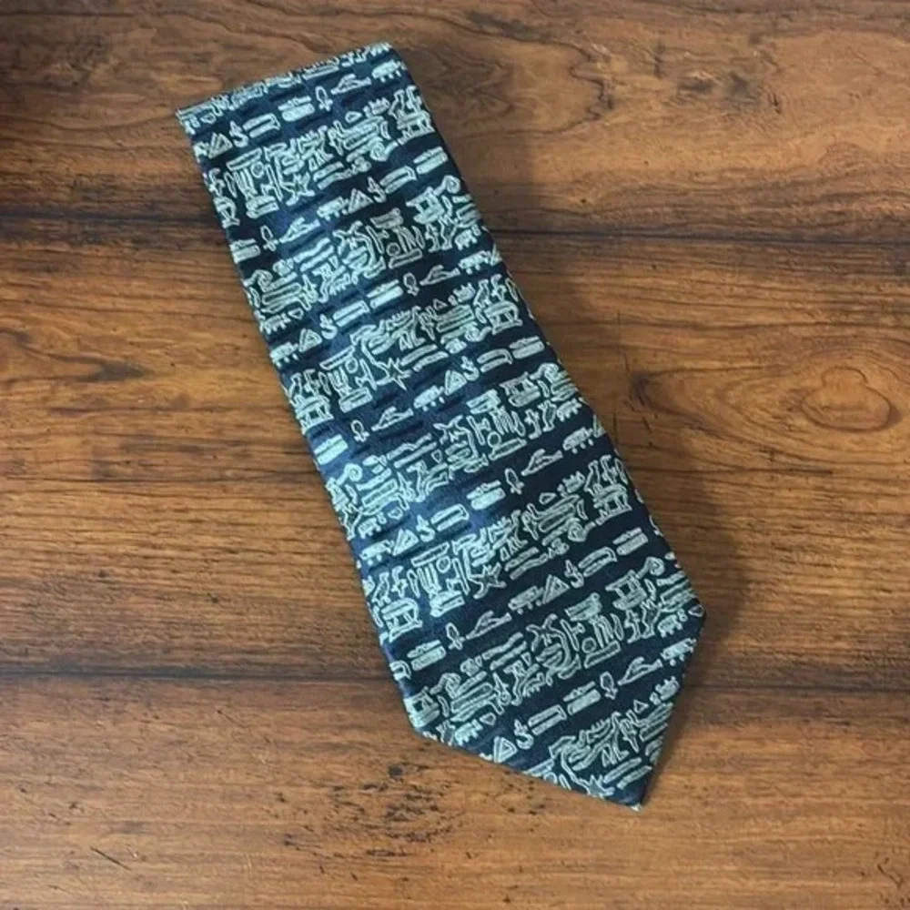 ERMENEGILDO ZEGMA Men Navy Black White Silk Hieroglyphics Necktie Made‎ in Italy